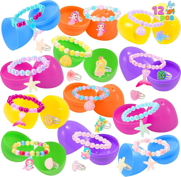 JOYIN 12 Pack Prefilled Easter Eggs with Jewelry Toys Inside, Beads Bracelets and Rings for Kids Egg Hunt, Girls Party