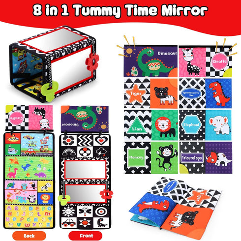 Tummy 3 6 12 Time Floor Mirror with Crinkle Cloth Book and Teethers, Double-sided Baby Mirror Black and White High