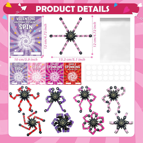 Bailiyake 24 Set Valentines Day Cards for Kids Classroom,Fingertip Spinner Sensory Toys with Cards,Transformable Chain