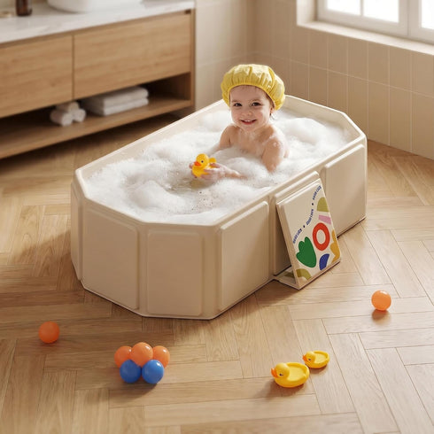 HatiLum 5 2 Foldable Bathtub for Kids, Toddler Bath Tub with Drain Plug, Foldable Baby Shower Tub with Balls and Ducks