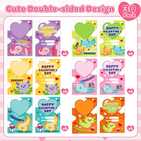 30 Pack OCHIDO Valentines Day Cards for Kids with Axolotl Slow Rising Squeeze Toys, Valentines Day Gifts for Kids