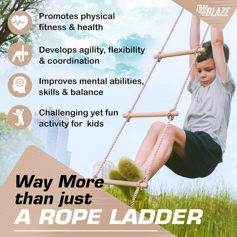 Wooden Climbing Rope Ladder for Kids - Ninja Warrior Obstacle Course Accessory for Swing Set & Treehouse