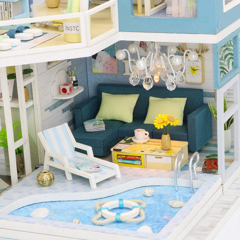 1:24 Cool Beans Boutique Miniature Dollhouse DIY Kit - Wooden Blue Townhouse with Pool