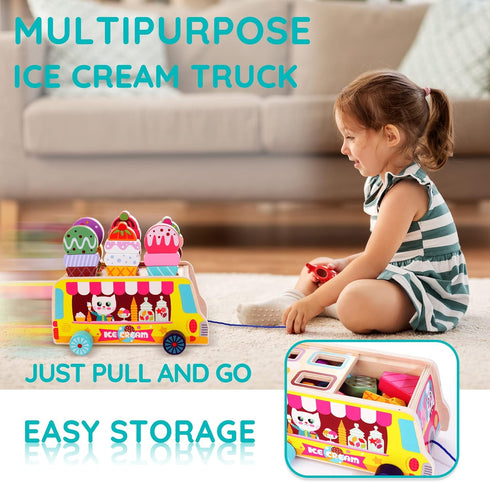 28 2-5 HELLOWOOD Wooden Ice Cream Truck, pcs Magnetic Ice Cream Sweet Treats Pretend Play Food & Accessories