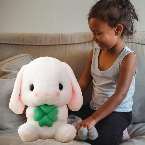 Soft Toy - Sitting Lop Eared Rabbit, Easter White Rabbit Stuffed Bunny with Carrot, Realistic Long-Eared Pink Plush