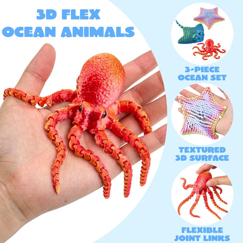 3 3D 3D 3D 3D JOYIN Pcs Printed Fidget Toys, Articulated Printed Octopus, Ray & Starfish, Flexible Printed Sea