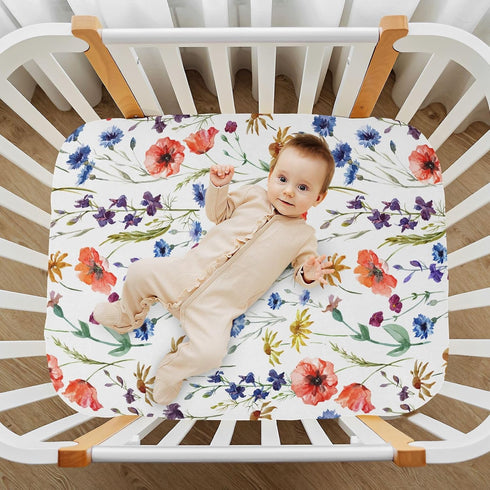 CaTaKu 27"x 39" Crib Sheets for Girls & Boys - Wildflowers Poppy Baby Sheets, Neutral Toddler Mini Crib Mattress Sheets