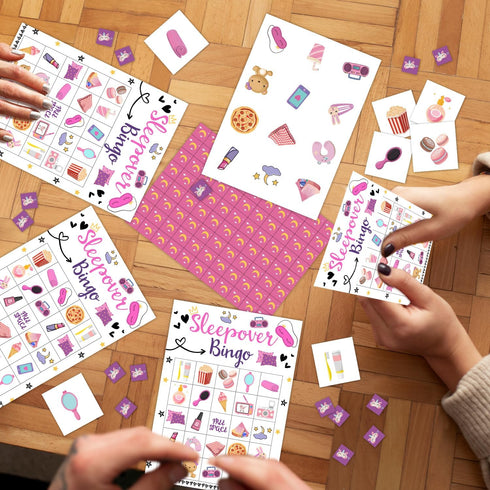 Sleepover Party Bingo Game, 24 Player Pajama Bingo Cards Set for Family Activity, Sleepover Party Supplies