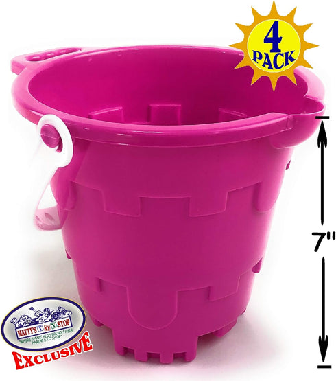 7" Set 4 Pack Matty's Toy Stop Beach Gear Plastic Castle Mold Sand Buckets (Pails) with Easy Pour Spout and Handle