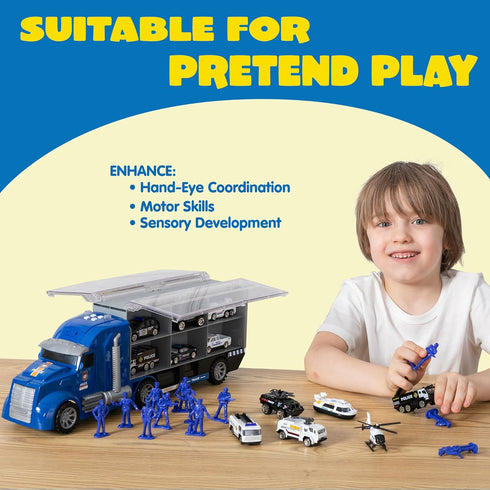 25 1 Set 3 JOYIN in Police Rescue Truck Car Toy with Sounds and Lights, Mini Vehicles in Carrier Truck, Play Police