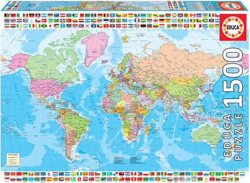 Educa - Political World Map 1500 Piece Jigsaw Puzzle with Puzzle Glue Included, Completed Image 33.5" x 23.5"