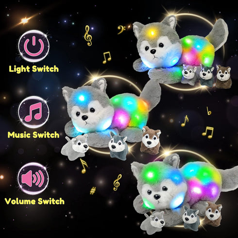 Hopearl LED Musical Stuffed Husky - Singing Plush Toy Playset with 3 Baby Puppies, 17''