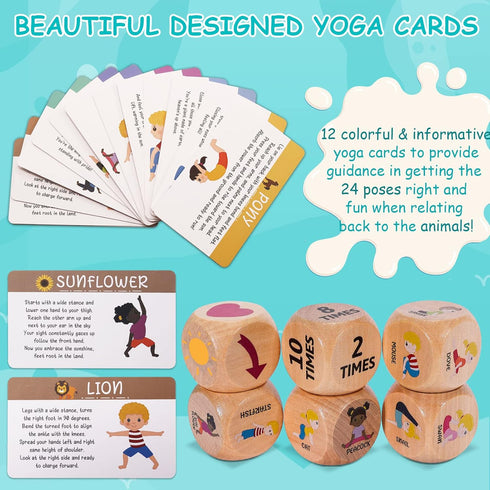 Kids Yoga Wooden Dice with Yoga Cards - Fun Exercise Dice for Kids, 12 Yoga Cards with Wooden Gift Box