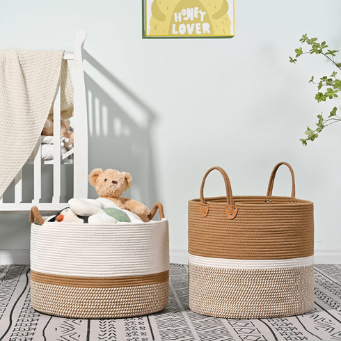 (20"x13"),Woven KAKAMAY Large Blanket Basket Baskets for storage Baby Laundry Hamper, Cotton Rope Blanket Basket