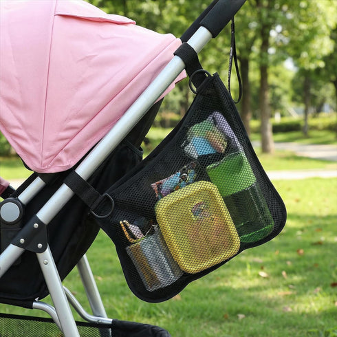 WJIAAA 2 Pack Side Sling Stroller Organizer, Universal Portable Side Sling Stroller with Mesh Cargo Net, Black