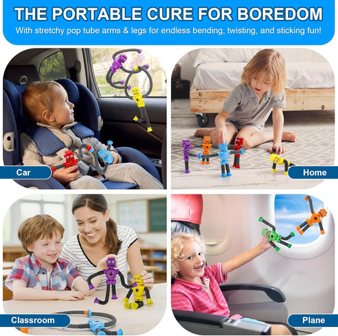 12PCS 3-8, Robot Sensory Pop Tubes Toys for Toddlers Boys Age Suction Cup Stretchy Fidget Toy, Travel Toys, Autism