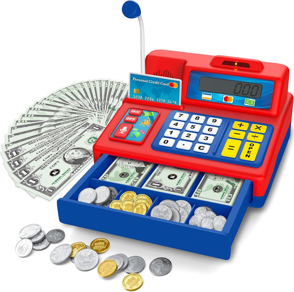 Calculator Cash Register - 103 Pcs Toy Cash Register, Microphone, Credit Card