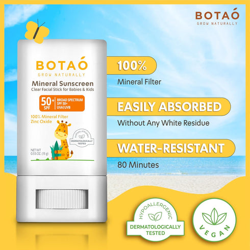Baby Mineral Sunscreen Stick, 100% Zinc Oxide SPF 50+, Water Resistant for Sensitive Skin