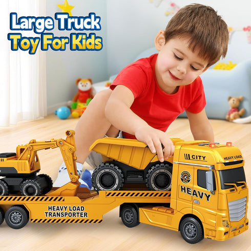 3 4 5 6 7 25" Bstoyder Toddler Boy Toys for Years Kids, Semi Construction Carrier Truck Toy with Excavator and Dump