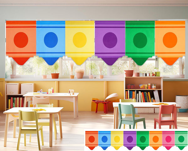 Cosblank Rainbow School Curtains - 8 Pcs Cartoon Crayon Classroom Decor for Back