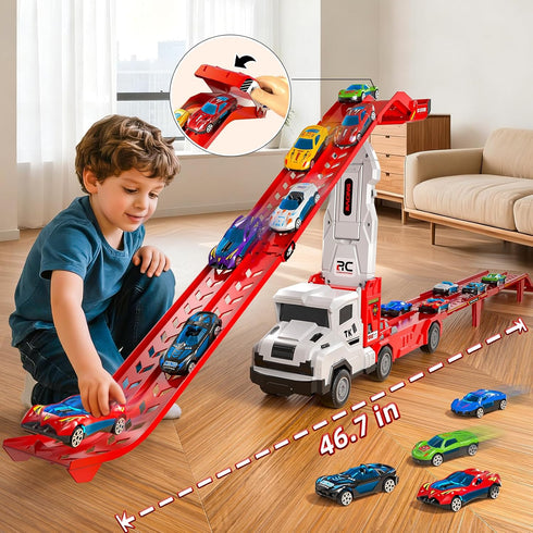 Novaluki 12 3-5, 3 4 5 6 7 8 Truck Toys for Kids, Transport Vehicle with Die-Cast Car, Double Race Car Track Cars Ramp