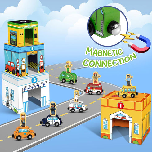 Vehicle,Cars&Community 1 2 3 Aizweb Toddler Sorting&Stacking Toys with Magnetic Wooden Helpers,STEM Building