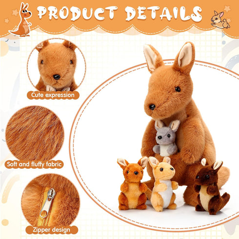 5 12 Inch Mommy 4 Arrowbash Pcs Kangaroo Stuffed Animals, Stuffed Kangaroo Plush Toy with Babies Insides, Kangaroos