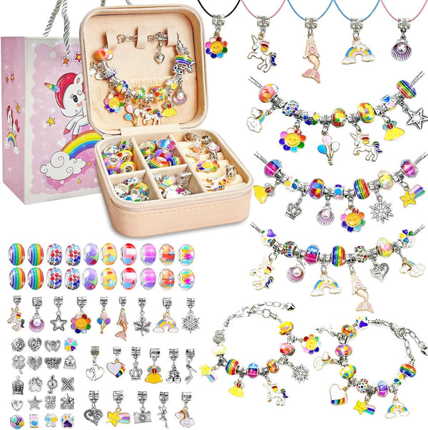 Charm Bracelet Making Kit for Girls 8-12, DIY Bead Jewelry Kit with Box, Unicorn Mermaid Arts and Crafts