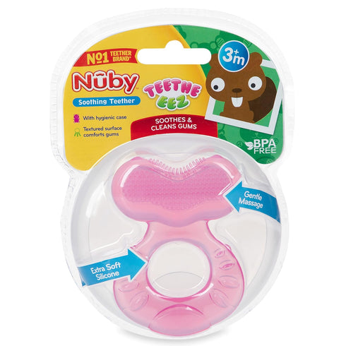 Nuby Silicone Teethe-eez Teether with Bristles, Hygienic Case, Pink