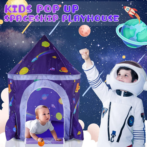 3pc Space Ship Kids Play Tent, Crawl Tunnel, Ball Pit for Toddlers, Indoor Outdoor Playhouse for Ages 3-7
