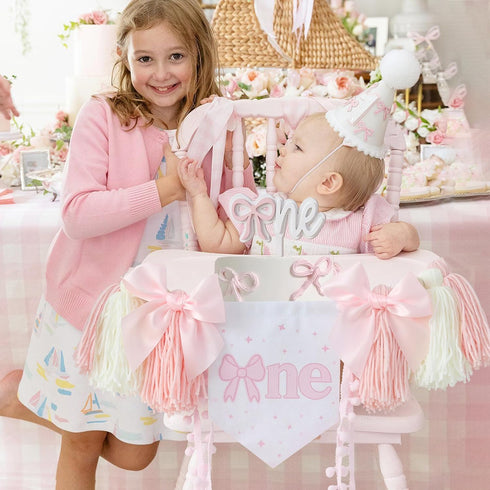 1st Pink Bow Birthday Highchair Banner Decorations Wood Bead Tassel Garland Cone Hat Wooden Cake Topper For Baby Girls