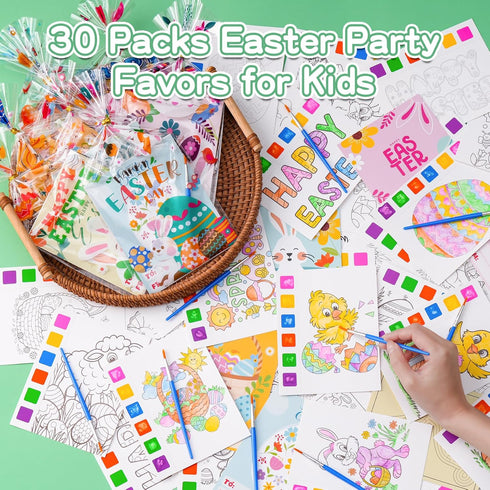 Rotu 30 Packs(274Pcs) Easter Basket Stuffers Essentials Mess Free Watercolor Coloring Books with Easter Cards for Kids