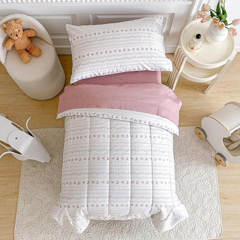 Joyreap 4 Piece Cotton Toddler Bedding Set for Girls, Flower Stripes Boho Design,