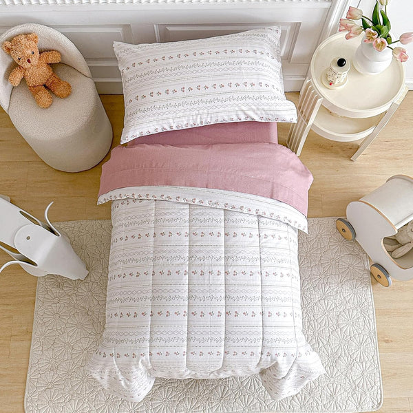 Joyreap 4 Piece Cotton Toddler Bedding Set for Girls, Flower Stripes Boho Design,