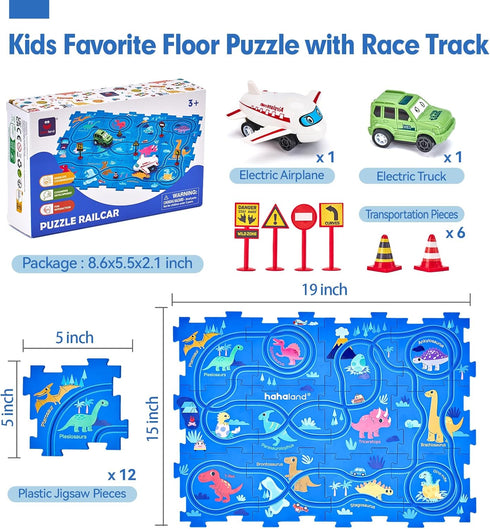 Puzzle Racer Kids Car Track Set, Dinosaur Jigsaw Puzzle Track for 3-5 Year Old Boys, Educational Learning Toy