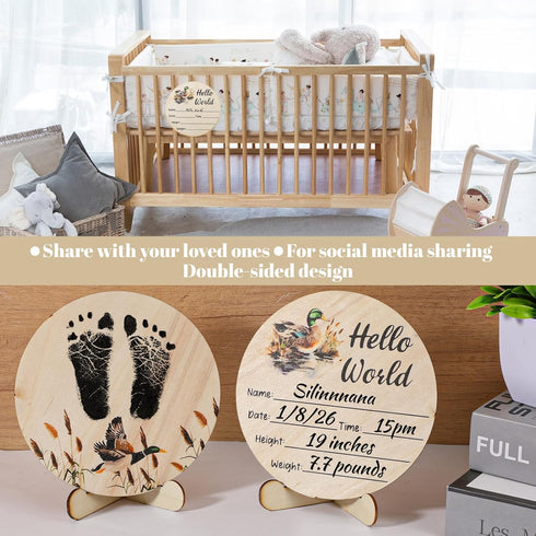 Tucnoeu Pen,5.9in Mallard Duck Baby Stuff, Duck Baby Announcement Sign with Marker Round Wooden Hello World Newborn