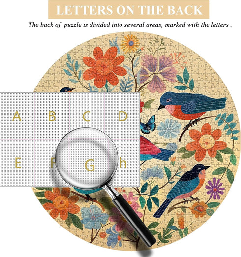 1000 Pieces Vintage Bird Puzzles for Adults - Round Flower Jigsaw Puzzle