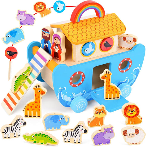 Toddlers Noah's Ark Toys with Wooden Animal Shape Sorters, Baptism Gifts for
