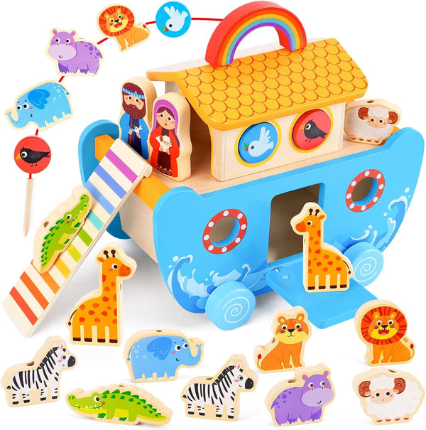 Toddlers Noah's Ark Toys with Wooden Animal Shape Sorters, Baptism Gifts for