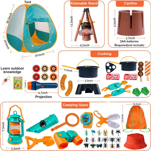 Set 50pcs Set Qtioucp Kids Camping with Tent & Space Projector Flashlight- Outdoor Campfire Toy for Toddlers Kids