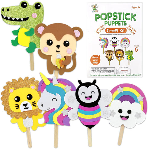 VKPI 6 Popstick Puppets Craft Kits for Kids, Foam Art Crafts Gift, Story Time Toys for Ages 4+, Birthday Party Supplies