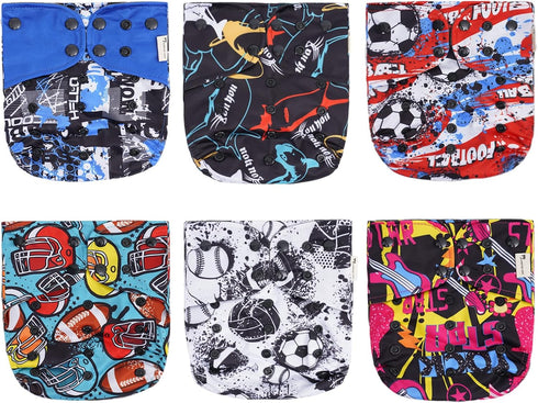CASTLE CAT 6pcs Washable and Reusable One-Fit-All Cloth Diapers with Grey Polar Fleece Liner