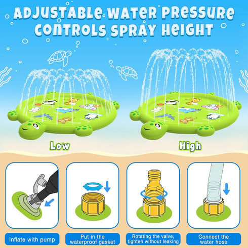 tmstorys 1-3, 67" Summer Splash Pad for Toddlers Turtle Sprinkler & Splash Play Mat, Inflatable Baby Kid Pool, Outdoor