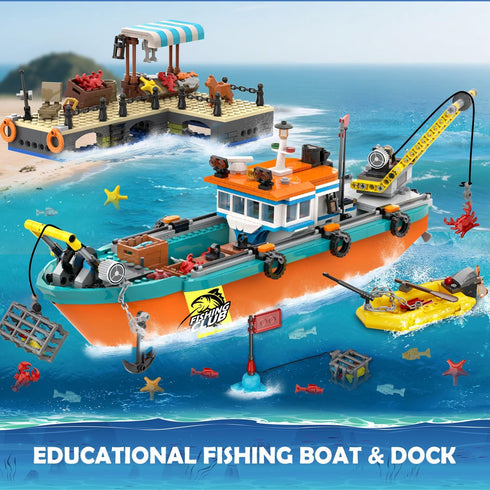 Set 6 7 8 9 10+, 762PCS City Fishing Boat Wharf Building - Floatable Sea Fishing Ship Building Block Kit with Speedboat
