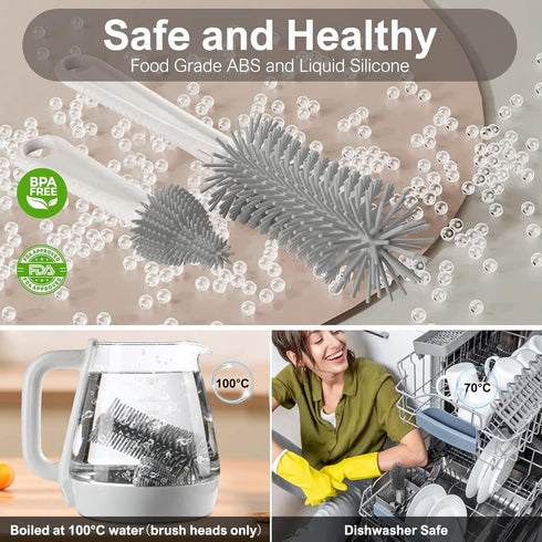 6 in 1 Bottle Cleaning Brush Set, Silicone Brush, Nipple Brush, Straw Brush, Drying Rack for Baby Bottles
