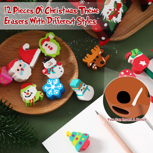 Big Christmas Erasers, Fun Snowman, Snowflake, Santa Claus, Christmas Tree Holiday Erasers, 12 Pcs for Kids, Students