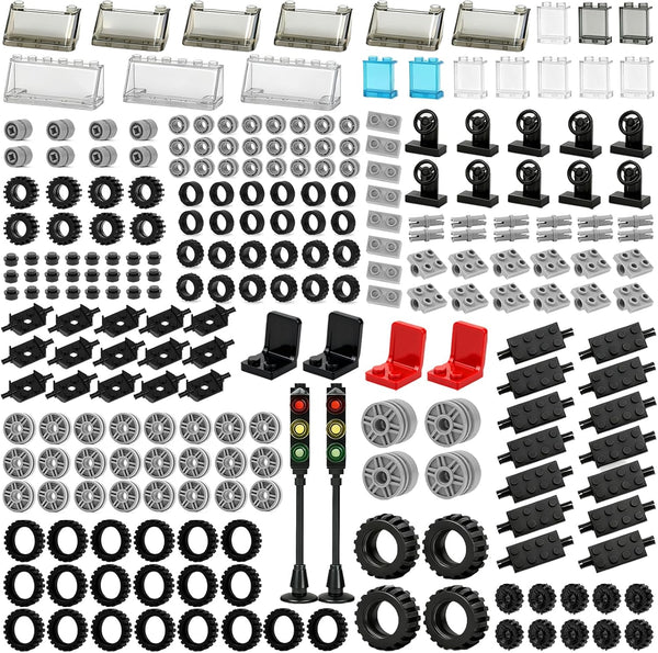 Pamvava 298PCS Wheels and Axles Sets Tires, City Car Parts Pieces, Windshield