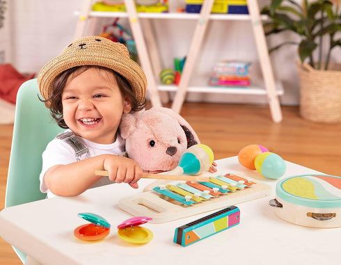 9 2+ B. toys Make a Melody Pieces Wooden Musical Instruments Xylophone, Tambourine, Harmonica Drawstring Storage Bag