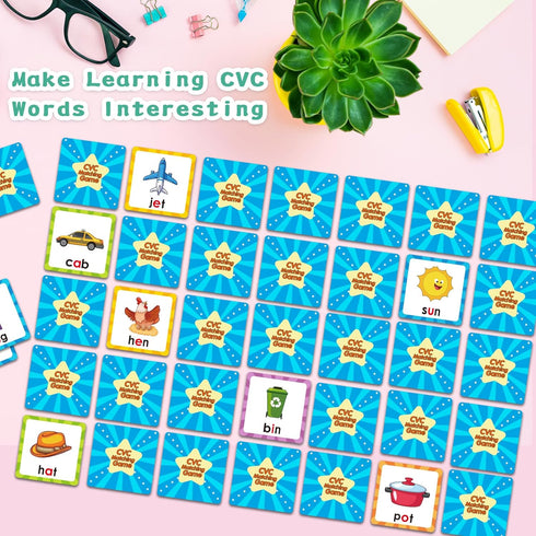 CVC Words Matching Game for Toddlers 3-5, Memory Games for Kids Ages 4-8, Phonics Card Game Flash Cards