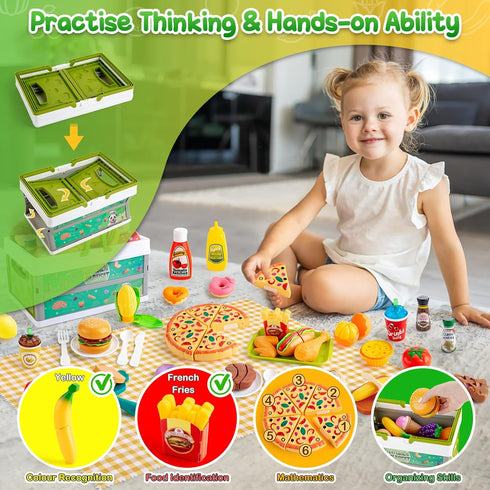 78Pc Pretend Play Food for Kids Kitchen, Cutting Toy Food with Storage Basket, Play Kitchen Accessories, Food Toys